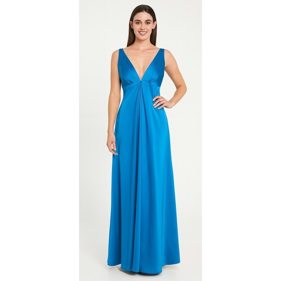 NW Collection Peacock Blue Satin Maxi Dress Prom Formal Evening Gown Deep V-Neck - Picture 1 of 15